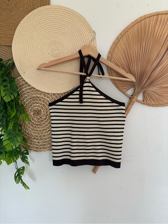 Tops - Striped Halter Knit Crop Top - Black & Cream